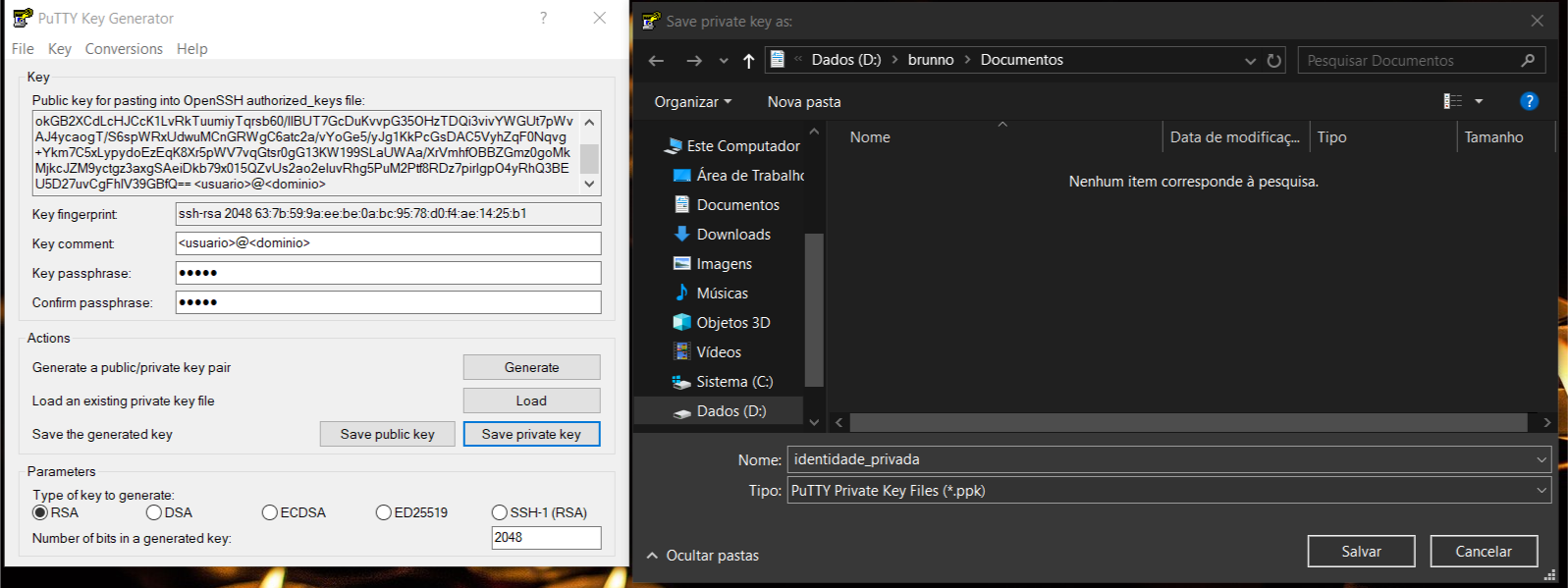 PuTTYgen salvando a identidade privada